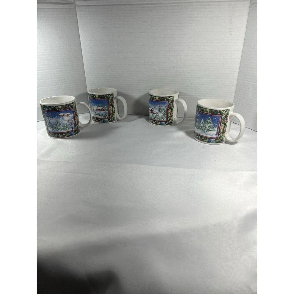 Vintage Sakura Christmas Scene Mugs by Sue Zipkin – Set of 4 (1995)